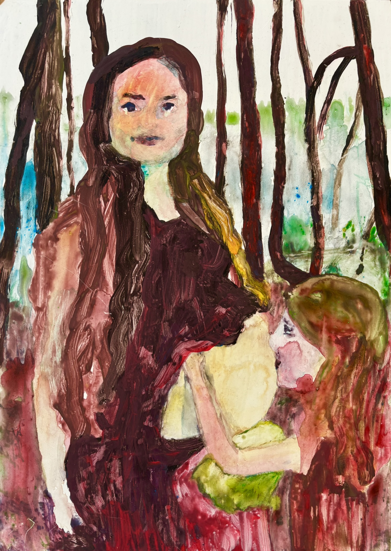 Painting Siblings in the forest, Wood panel painting, 150 × 210 cm
